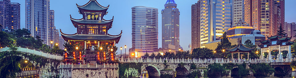 Guiyang, China skyline at Jiaxiu Pavilion on the Nanming River.
